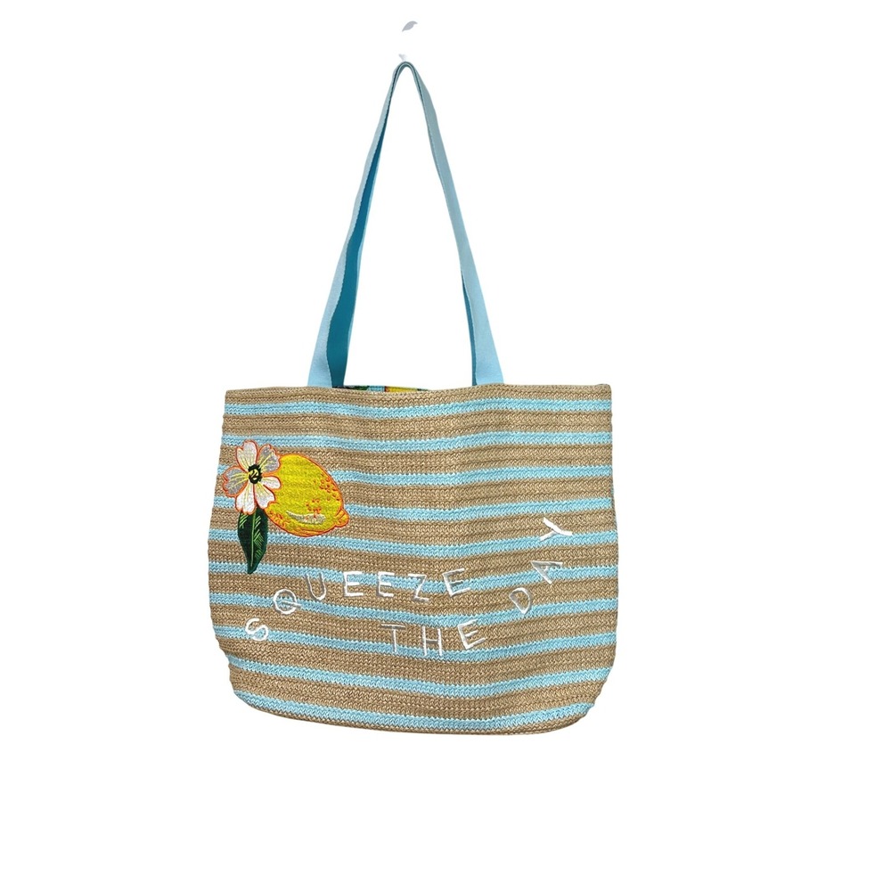 Vera Bradley Straw Tote  Large‎ Blue Squeeze The Day Lemon Embroidered